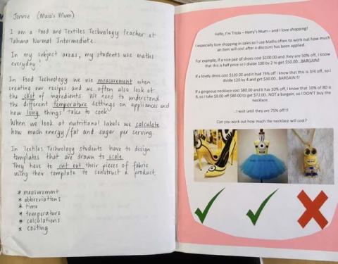 A photo of the math book with scenarios parents have written