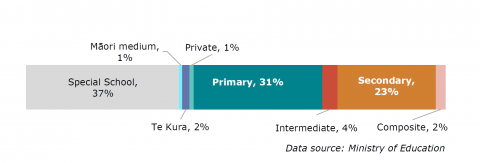 Figure one is a graph that shows where ORS funded learners were in 2021 by school type. Thirty-seven percent of ORS funded learners were in Special Schools, thirty-one percent were in Primary schools, twenty-three percent were in secondary schools, four percent were in intermediate schools, two percent were in Te Kura, two percent were in composite schools, one percent were in Māori medium schools and one percent were in private schools.