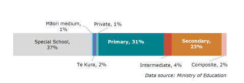 Figure one is a graph that shows where ORS funded learners were in 2021 by school type. Thirty-seven percent of ORS funded learners were in Special Schools, thirty-one percent were in Primary schools, twenty-three percent were in secondary schools, four percent were in intermediate schools, two percent were in Te Kura, two percent were in composite schools, one percent were in Māori medium schools and one percent were in private schools. 