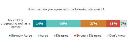 Figure twelve is a graph showing parents’ agreement with the statement ‘My child is progressing well as a learner’. Fourteen percent strongly agreed. Thirty-six percent agreed. Twenty-seven percent disagreed. Fifteen percent strongly disagreed. Seven percent reported they did not know.