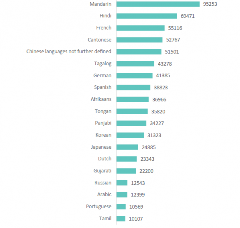 Figure 2: Number of speakers of ethnic community languages in New Zealand, 19 most spoken languages, (2018)