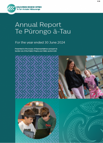 Annual Report 2024 cover page with ERO's logo and two images of children reading and walking.